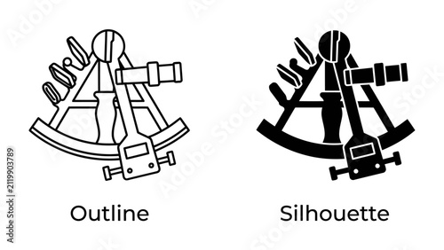Fotografie Sextant Icon Set: A graphic representation of a sextant, presented in both outline and silhouette formats, showcasing this navigational instrument for measuring angles