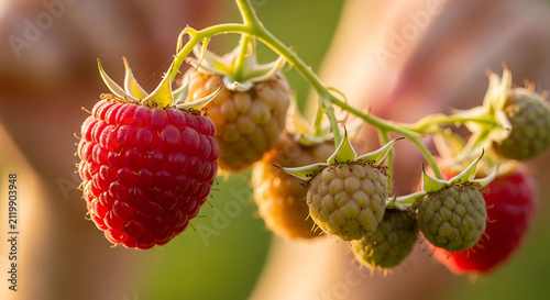 Fresh ripe raspberries growing on branch in sunny garden with raspberry