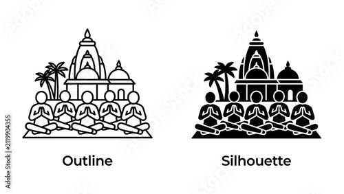 фотографія Meditation Gathering at Temple: A group of individuals meditates in unison before a prominent temple structure, symbolizing peace and spiritual unity