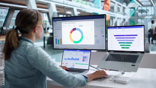Sales Manager Reviewing Lead Scoring Dashboard On Laptop