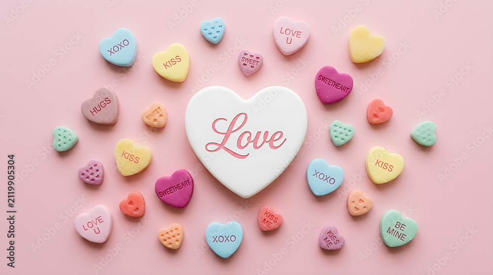 Fototapeta premium Pastel heart candies scattered around a white center heart displaying Love typography on a soft pink surface.