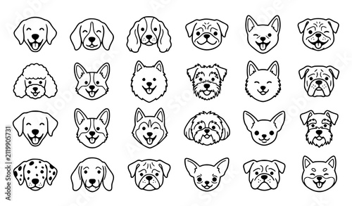 ​Dog Faces Portrait Breeds Line Art Avatar Icon Set Isolated On White Background