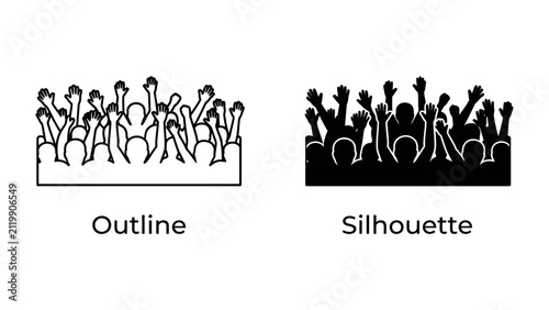 Crowd Collection: Two distinct representations of a jubilant crowd, one in outline and the other in silhouette, with hands raised in excitement and unity.