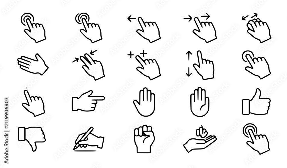 Fototapeta premium Minimal black and white hand icons pack with touch gestures user interface and navigation symbols vector isolated on white background