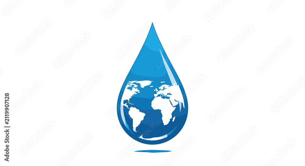 Obraz premium Large blue water drop containing a translucent earth globe with concentric circles on a white background.