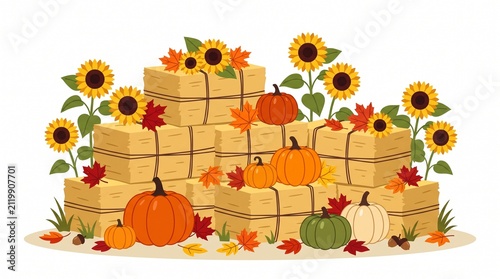 Autumn harvest scene with pumpkins hay bales and sunflowers