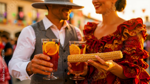 Couple in traditional Spanish attire holding sangria and a churro. Man and woman enjoying food at a summer fiesta. Culture and tourism concept for travel marketing.