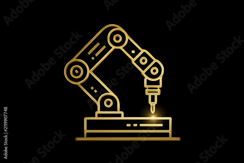 Golden robotic arm illustration, industrial automation design, futuristic technology concept, ideal for web and graphic projects