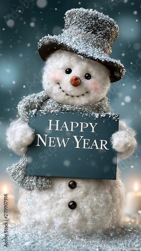 Cute smiling snowman holding Happy New Year sign with winter snow, festive holiday decoration, sparkling snowflakes and cozy seasonal background, vertical greeting card illustration for New Year 
