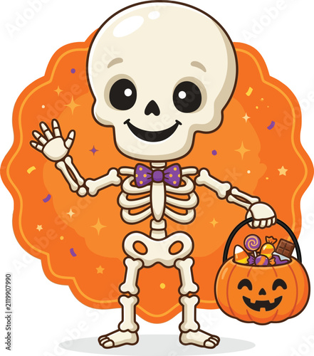 Friendly cartoon skeleton character waving hand and holding a halloween pumpkin bucket full of candy with skeleton, halloween