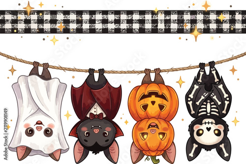 Cute halloween hanging bat decorations with various costumes suspended on a rope with checkered ribbon halloween decoration