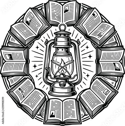 Vintage kerosene lantern surrounded by circular arrangement of open books in black and white line art style with knowledge, mystical