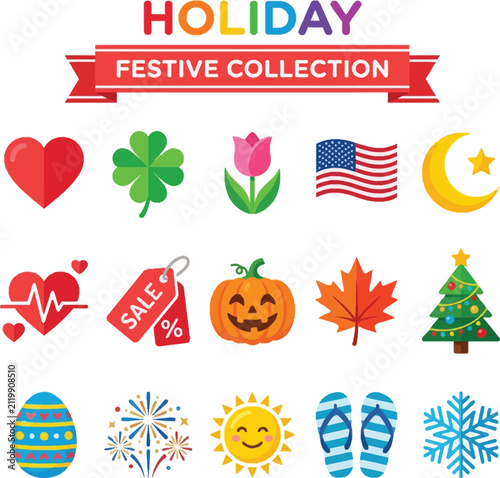 Set of colorful holiday and seasonal celebration icons representing diverse yearly events and festivities with flip flops, seasonal