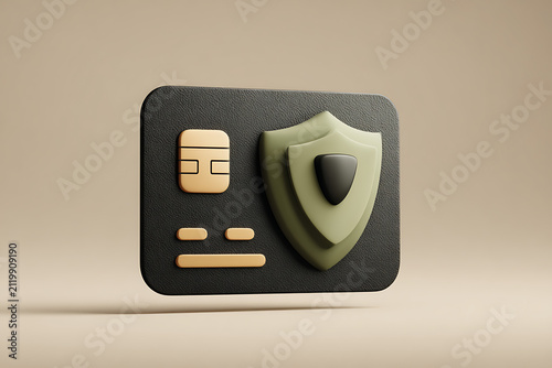 3D black credit card with security shield design, modern financial concept, minimalistic style, ideal for digital banking visuals