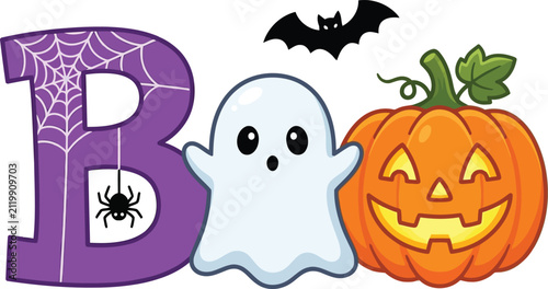 Cute cartoon boo lettering with ghost pumpkin spider and web for halloween celebration seasonal invitation character