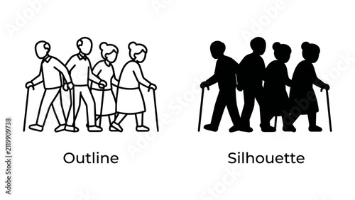 Elderly Group with Canes: An outline and silhouette depiction of an elderly group walking with canes, representing senior citizens and their mobility.