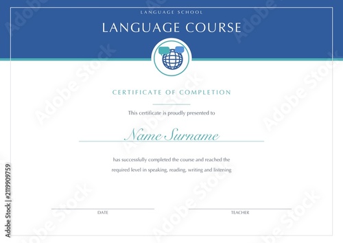 Foto Language course certificate template completion school blank printable blue