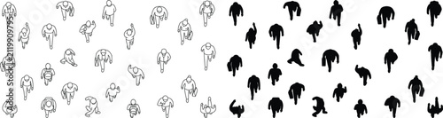 Top view walking people outline and silhouette set architectural scale vector elements