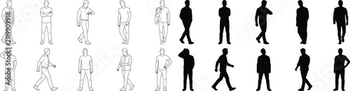 Standing and Walking Men Vector Set with Line Art Outlines and Solid Black Silhouettes