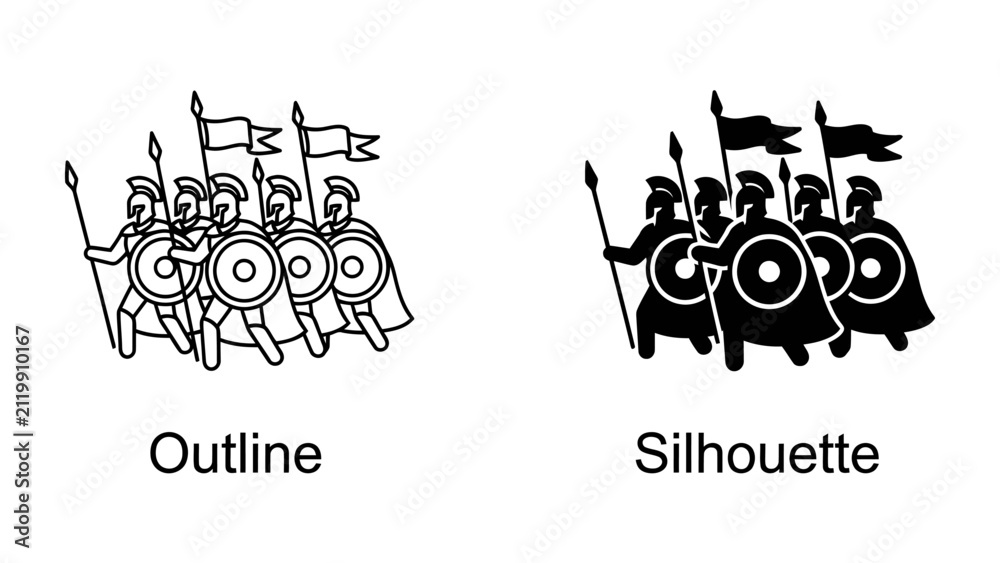 Obraz premium Ancient Warriors: Two depictions, an outline and a silhouette, showcase a formation of ancient warriors armed with shields and spears, carrying flags, ready for battle.