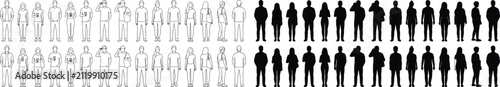 Standing People Line Art and Black Silhouette Vector Set for Architectural Presentation Cutouts