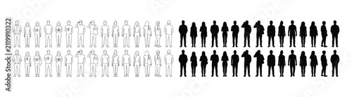 Standing People Line Art and Black Silhouette Vector Set for Architectural Presentation Cutouts