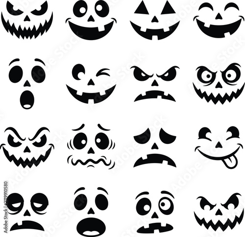 Collection of sixteen different pumpkin carving faces with jack o lantern halloween expression surprised silhouette collection