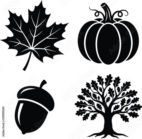 Autumn harvest season collection of simple black and white vector silhouette icons featuring fall symbols silhouette seasonal