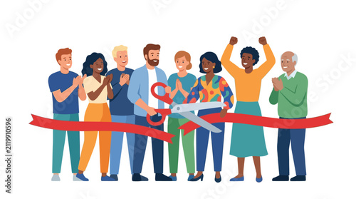 Diverse people cutting red ribbon for grand opening ceremony celebration flat design vector illustration.