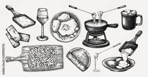 Swiss culinary sketches collection. Hand drawn food illustration collection for menu, packaging and restaurant branding in vintage engraving style. NOT AI generated
