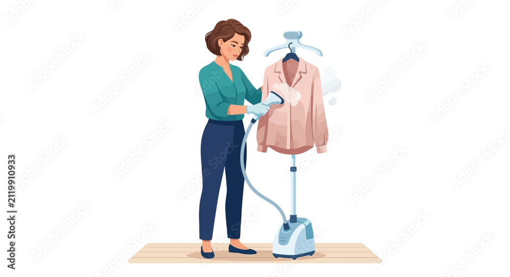 Fototapeta premium Professional woman using vertical clothes steamer on silk blouse flat design vector illustration