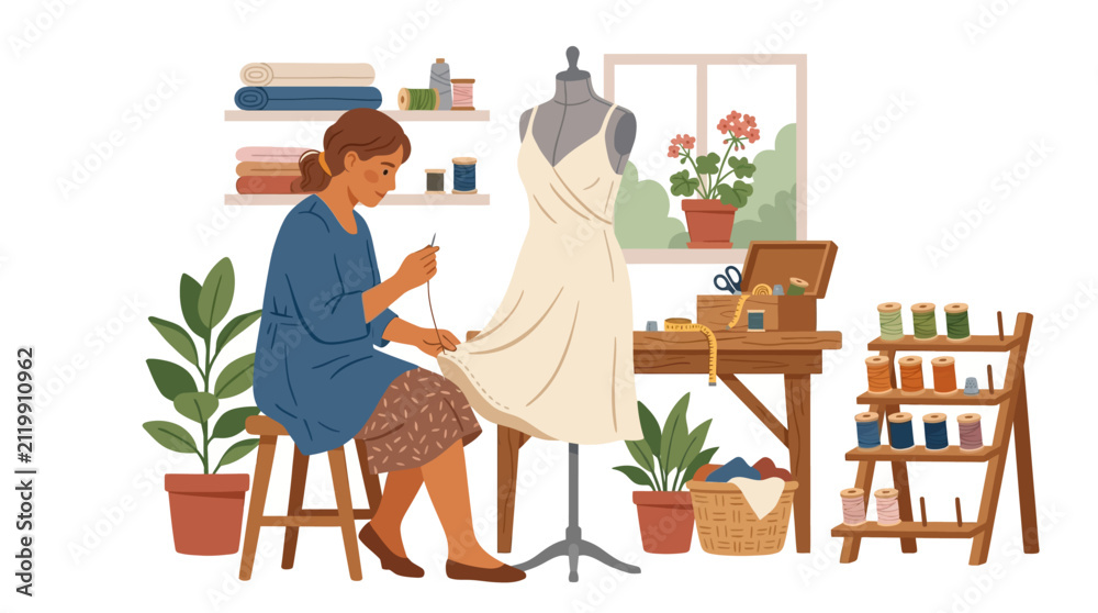 Fototapeta premium Skilled female artisan dressmaker hand-stitching elegant gown on mannequin in cozy fashion studio flat design vector illustration.