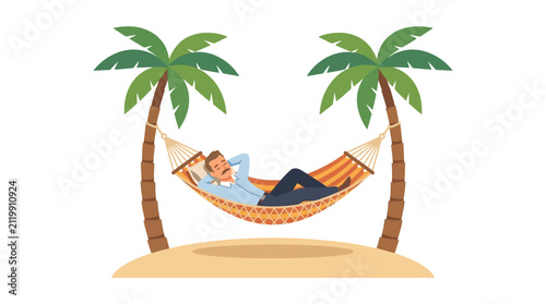 Relaxed businessman sleeping in a hammock between palm trees on a tropical island beach flat design vector illustration.
