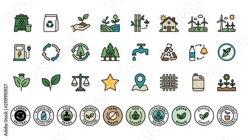 Fotografie Zero Waste Sustainable Living Eco Icon Bundle — Carbon Neutral Green City Badge