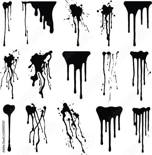 Collection of black paint drips ink splashes and liquid splatters isolated on white background with splatter isolated collection