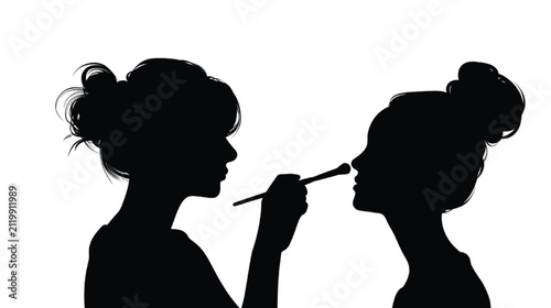 Makeup application process features a professional stylist using a delicate brush on a subject, presented as a high-contrast black silhouette that emphasizes the graceful interaction and beauty.