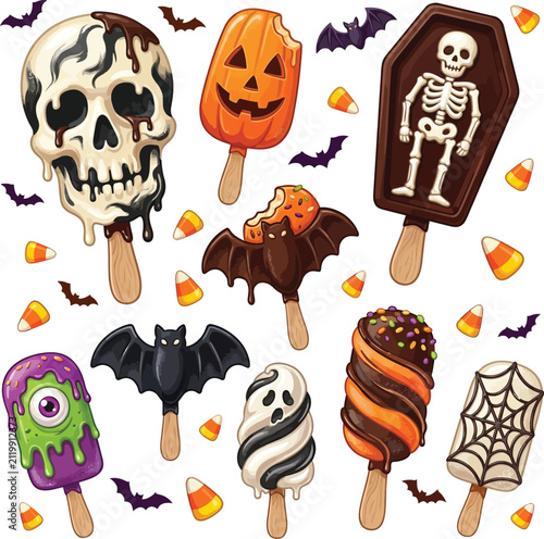 Set of halloween themed popsicles and ice cream treats with halloween popsicle skeleton illustration celebration colorful