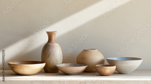 Group of five ceramic bowls and a vase arranged on a white surface against a beige wall. the vase is tall and slender with a narrow neck and a wide base.
