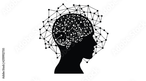 Head silhouette featuring a complex network of nodes and interconnected lines represents the abstract concept of human neural pathways and artificial intelligence cognitive processing logic systems.