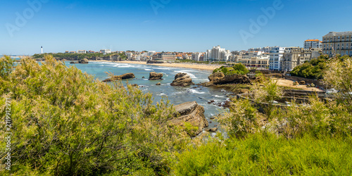 High-angle view framed by green coastal trees and bushes looking out over the rocky shore, beach, and oceanfront city buildings in Biarritz, France