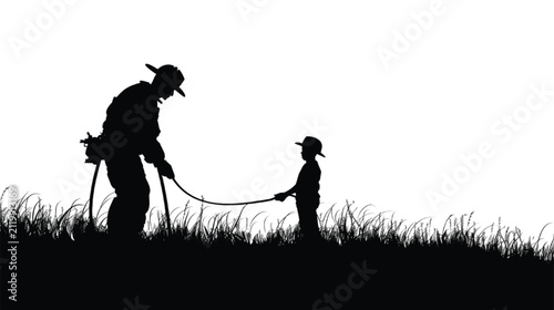 Cowboy silhouette standing in tall grass uses a lasso to train a young child in the traditional skills of ranching under the bright, expansive light of a clear summer day in the countryside.