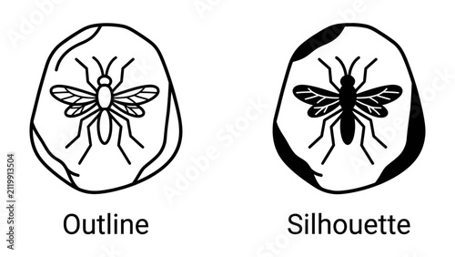 Quadro su tela Insect Outline and Silhouette: Two distinct representations of an insect, one shown as a clear outline and the other as a solid silhouette, both encased within irregular, stone-like shapes