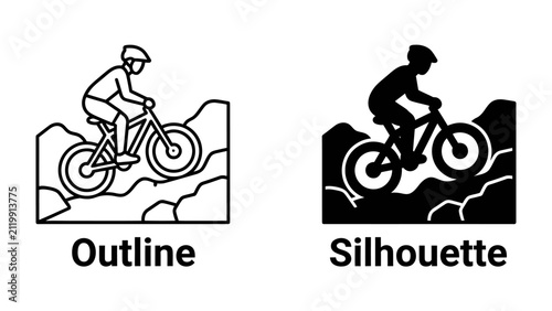 Bild auf Leinwand Mountain Biker on Trail: Two graphic representations, an outline and a silhouette, depict a mountain biker navigating a rugged, rocky terrain, showcasing the dynamism of the sport