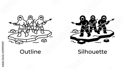 Bild auf Leinwand Inuit Hunters on Ice Floe: Two styles, outline and silhouette, depict Inuit hunters equipped with spears, standing on a small ice floe amidst icy terrain