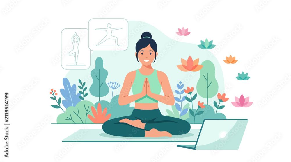 Obraz premium Female yoga instructor leading an online virtual class with laptop in garden setting flat design vector illustration