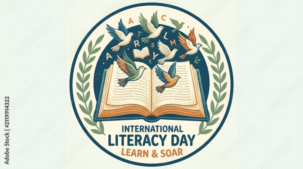 Obraz premium International Literacy Day logo with open book and birds