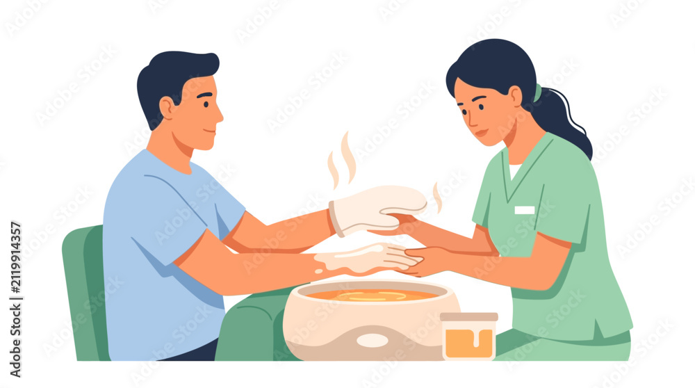 Fototapeta premium Professional man receiving paraffin wax hand treatment from therapist in spa clinic flat vector illustration.