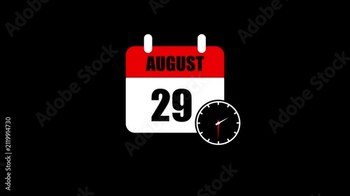 August 29 Calendar with Clock Animated Icon Schedule Reminder Date Event Planner Time Management Business Organizer Symbol Isolated Black Background.