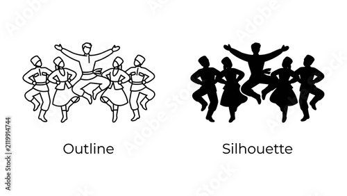 Folk Dance Figures: A graphic representation showcasing a group of dancers in outline and silhouette form, depicting traditional cultural movement and celebration.