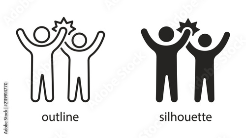 Foto Celebrating Success: Two stylized figures, one in outline and one in silhouette, are depicted with arms raised in triumph and a star symbol above them, representing achievement and collaboration